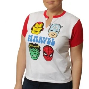Marvel Avengers Classic Women's Plus Split Neck Contrast Short Sleeve Graphic Tee T-Shirt