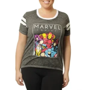 Marvel Womens Plus Sporty Athletic Burnwash with Sleeve Stripes Tee