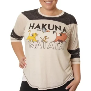 Disney Lion King Women's Plus Hakuna Matata Printed Screen Hi-Lo Football 3/4 Sleeve T-Shirt with Armband Stripes