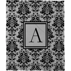 Thumbprintz Damask Monogram Fleece Throw, Black and Grey