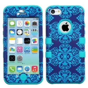 Insten Purple/Blue Damask/Black TUFF Hybrid Phone Case For Apple iPhone 5C