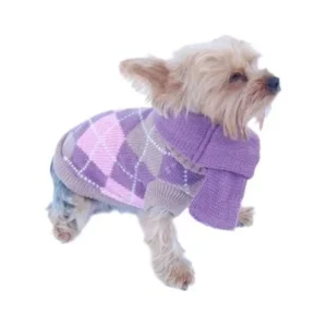 Purple/Gray Pet Dog Clothing Clothes Puppy Fashion Warm Argyle Turle Neck Knit Sweater Coat Jumper with Removable Scarf - Large (Gift for Pet)