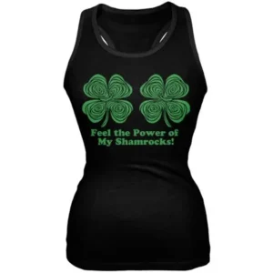 St. Patricks Day - Hypnotic Shamrocks Feel the Power Black Juniors Tank Top - Large