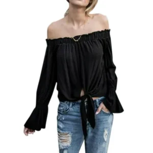 Nlife Women Long Sleeve Front Knot Off Shoulder Solid Color Tops Shirt Blouse Tee