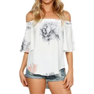 Nlife Women Off Shoulder Floral Print Asymmetric Hem Blouse