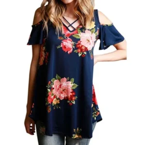 Nlife Women's Cold Shoulder Floral Print Criss Cross V neck T Shirt