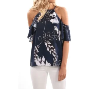 Nlife Women Ruffle Short Sleeve Cold Shoulder Floral Print Tops