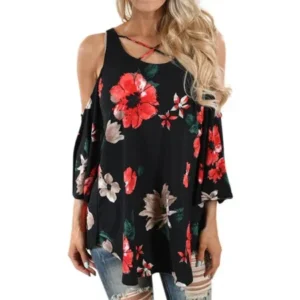 Nlife Women's Criss Cross Cold Shoulder Floral Print Tunic Top