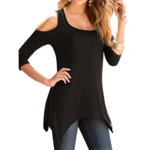 Nlife Womens 3/4 Sleeve Cold Shoulder Asymmetric Hem Shirt