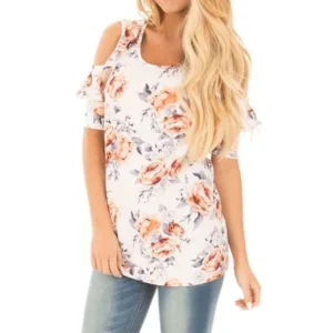 Nlife Women's Flouncing Cold Shoulder Floral Printed T-shirt Top