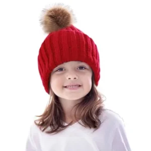 Kids Winter Warm Knit Hat Boys Girls Crochet Pompom Beanie Hat Burgundy