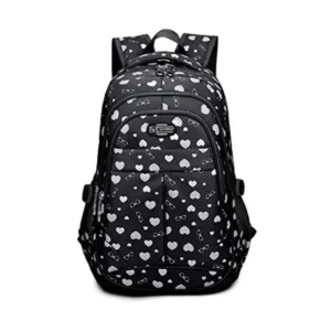 Hearts Print School Backpacks For Girls Kids Elementary School Bags Bookbag - Black